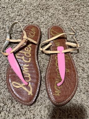 Sam Edelman Pink and Tan Leather T-Strap Sandals